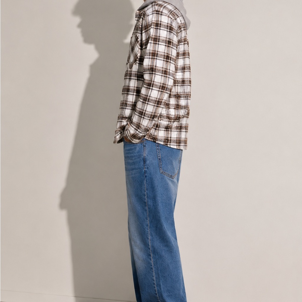 Relaxed Plaid Men's Sweater Shirt Jacket in Brown and Cream